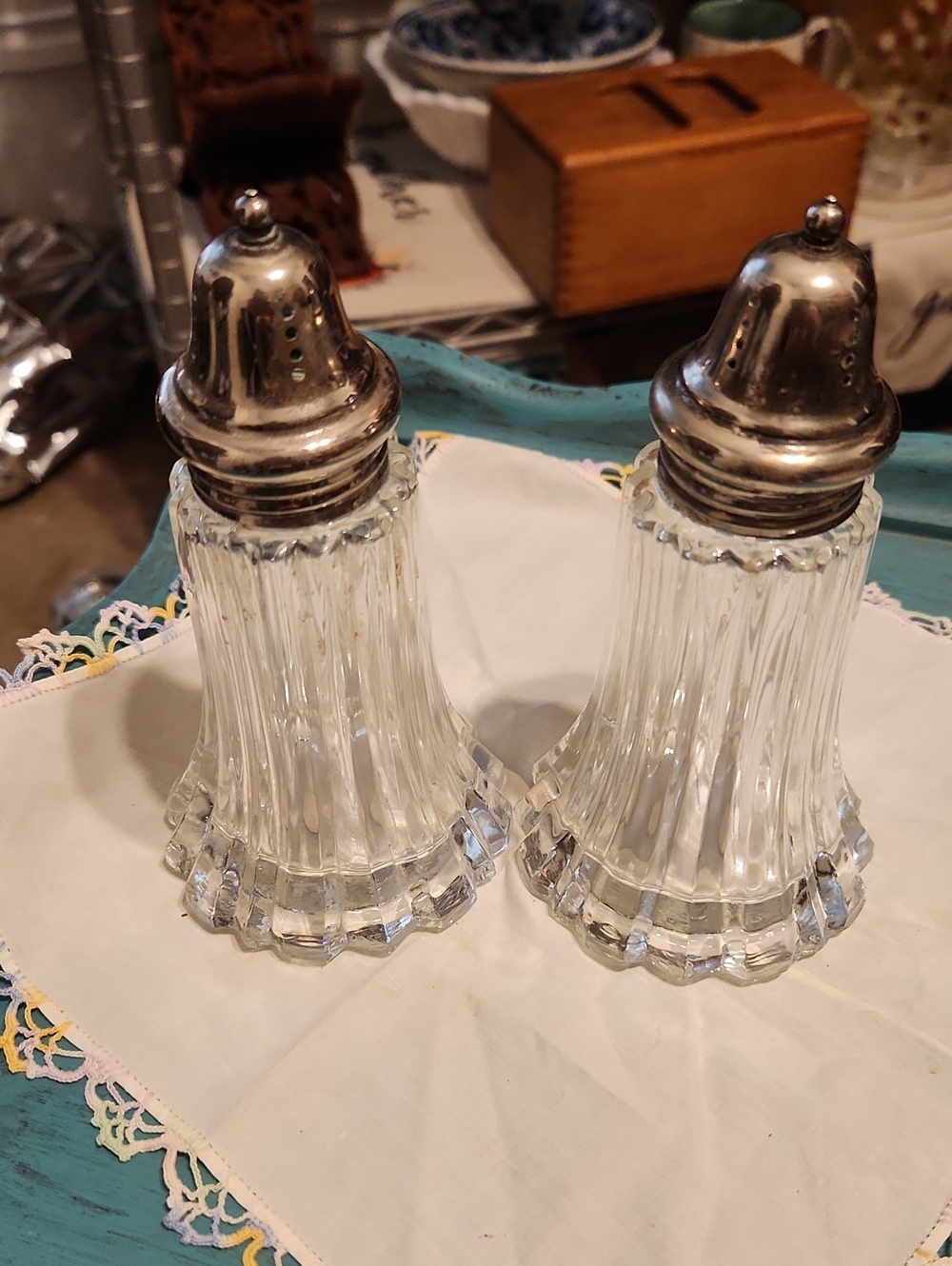Vintage F. B. Rogers Crystal Salt and Pepper Shakers with Silver Tops